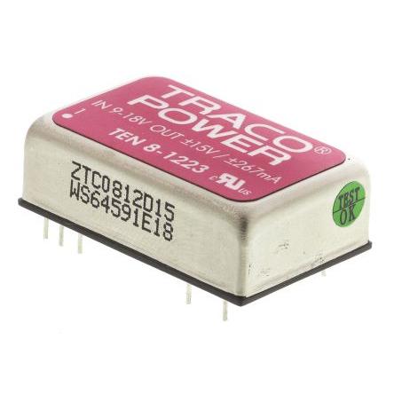 TRACOPOWER Měnič DC/DC TEN 8, výstup: 15V dc 1.5 kV dc, Vin 18V dc 267 mA, Vin 9V 8 W -40 °C 85 °C Průchozí otvor