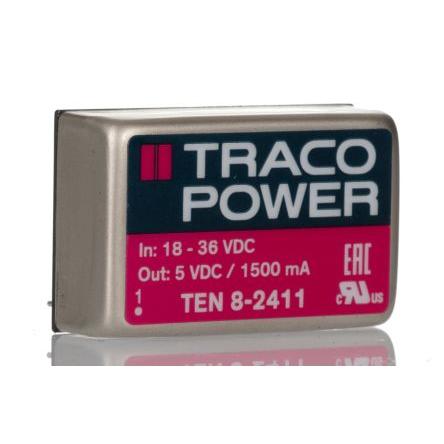 TRACOPOWER Měnič DC/DC TEN 8, výstup: 5V dc 1.5 kV dc, Vin 36V dc 1.5 A, Vin 18V 7.5 W -40 °C 85 °C Montáž na plošný