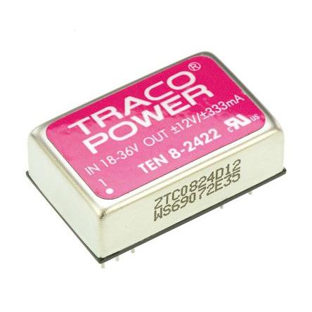 TRACOPOWER Měnič DC/DC TEN 8, výstup: 12V, -12 V 1.5 kV dc, Vin 36V dc 335 mA, Vin 18V 8 W -40 °C 85 °C Montáž na plošný
