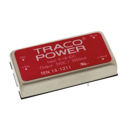 TRACOPOWER Měnič DC/DC TEN 15, výstup: 5V dc 1.5 kV dc, Vin 18V dc 3 A, Vin 9V 15 W -40 °C 85 °C Montáž na plošný spoj