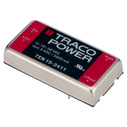 TRACOPOWER Měnič DC/DC TEN 15, výstup: 5V dc 1.5 kV dc, Vin 36V dc 3 A, Vin 18V 15 W -40 °C 85 °C Montáž na plošný spoj
