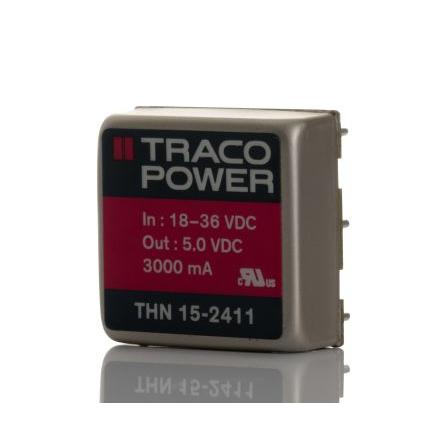TRACOPOWER Měnič DC/DC THN 15, výstup: 5V dc 1.5 kV dc, Vin 36V dc 3 A, Vin 18V 15 W -40 °C 85 °C Montáž na plošný spoj
