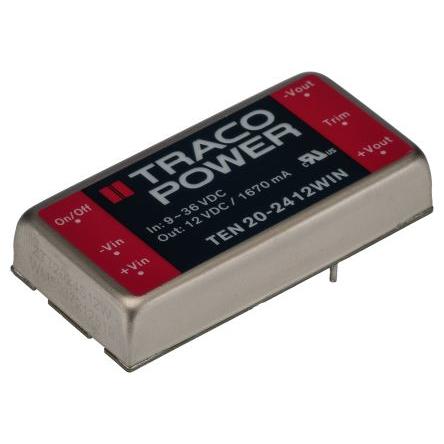 TRACOPOWER Měnič DC/DC TEN 20WIN, výstup: 12V dc 1.5 kV dc, Vin 36V dc 1.67 A, Vin 9V 20 W -40 °C 85 °C Montáž na plošný