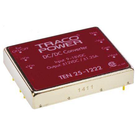 TRACOPOWER Měnič DC/DC TEN 25, výstup: 12V dc 1.5 kV dc, Vin 18V dc 1.25 A, Vin 9V 25 W -40 °C 85 °C Montáž na plošný