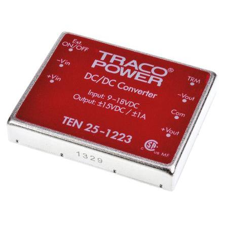 TRACOPOWER Měnič DC/DC TEN 25, výstup: 15V dc 1.5 kV dc, Vin 18V dc 1 A, Vin 9V 25 W -40 °C 85 °C Montáž na plošný spoj