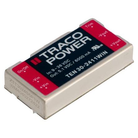 TRACOPOWER Měnič DC/DC TEN 30WIN, výstup: 5.1V 1.5 kV dc, Vin 36V dc 6 A, Vin 9V 30 W -40 °C 75 °C Montáž na plošný spoj