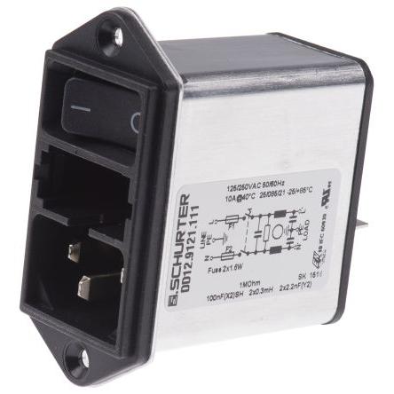 Schurter Konektor IEC 10A C14 Vnější, Montáž do panelu 5 x 20 mm, 250V ac 2 póly, 60Hz Rychlé připojení, 85 °C 2, -25 °C