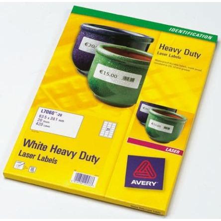 List se štítky L7068-20 Lepicí, množství v balení: 40 V balení, Bílá Silné zatížení Avery Laser
