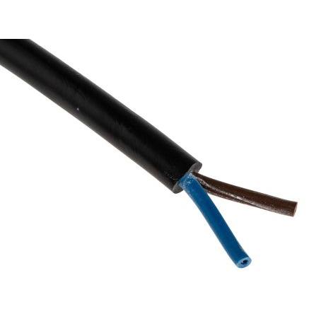 RS PRO Napájecí kabel 2žilový 100 m Polyvinylchlorid plášť, Černá, vnější průměr: 7.5 mm OD, 500V 70 °C