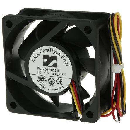 ARX Axiální ventilátor, řada: CeraDyna, průtok vzduchu: 33.35 m³/h 2.76 W 12V dc 230 mA IP20 60 mm 60mm 25.4 mm