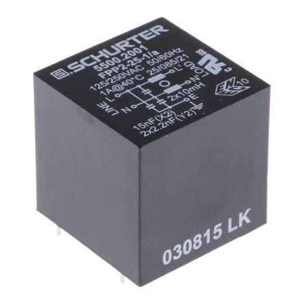 Filtr RFI, řada: FPP2, 15 nF, 250V ac, 60Hz, Průchozí otvor 2 mH, Kolík, 1 A, počet fází: 1, 250 μA, Schurter, 1, No