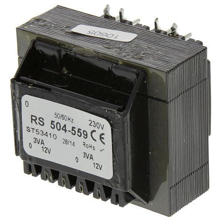 RS PRO Transformátor PCB, sekundární napětí: 5 to 24 V ac, počet výstupů: 2 Průchozí otvor 12 VA
