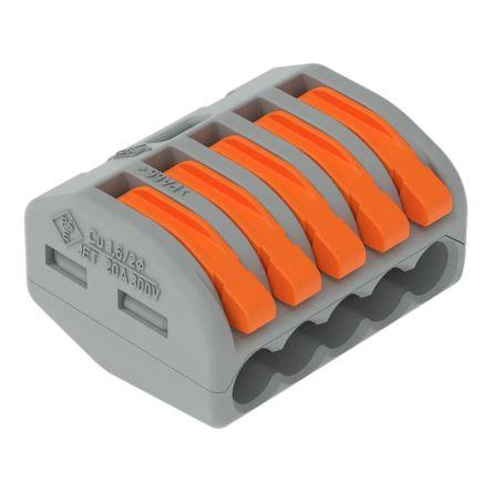 WAGO Pákový konektor, řada: 222 4mm², Kabel Šedá, počet cest: 5 32A, 12AWG, 28 AWG, 400V Klecová svorka
