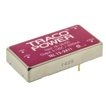TRACOPOWER Měnič DC/DC TEL 15, výstup: 5.1V 1.5 kV dc, Vin 36V dc 3 A, Vin 18V 15 W -40 °C 80 °C Montáž na plošný spoj