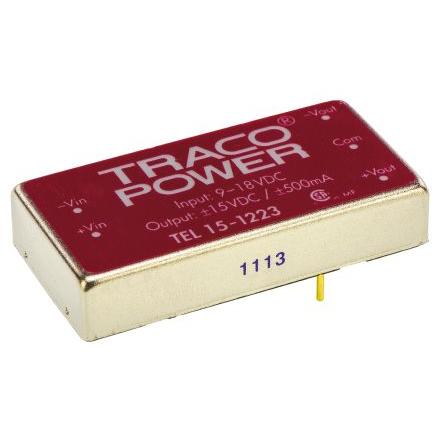 TRACOPOWER Měnič DC/DC TEL 15, výstup: 15V dc 1.5 kV dc, Vin 18V dc 500 mA, Vin 9V 15 W -40 °C 80 °C Montáž na plošný