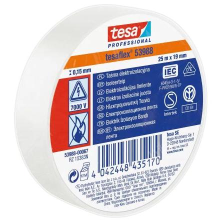 Elektrikářská páska, název: 53988, Bílá Polyvinylchlorid 7000 V 19mm x, délka: 25 m tloušťka 150 μm Tesa