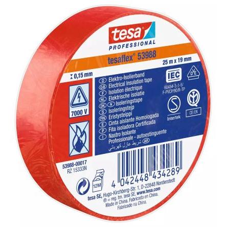 Elektrikářská páska, název: 53988, Červená Polyvinylchlorid 7000 V 19mm x, délka: 25 m tloušťka 150 μm Tesa