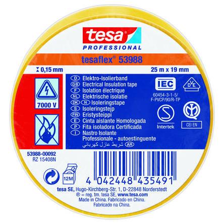 Elektrikářská páska, název: 53988, Žlutá Polyvinylchlorid 7000 V 19mm x, délka: 25 m tloušťka 150 mm Tesa