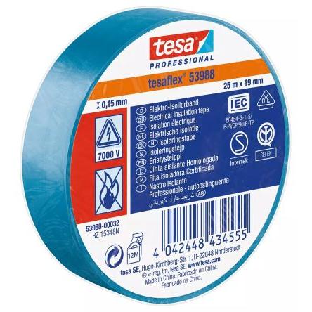 Elektrikářská páska, název: 53988, Modrá Polyvinylchlorid 7000 V 19mm x, délka: 25 m tloušťka 150 μm Tesa