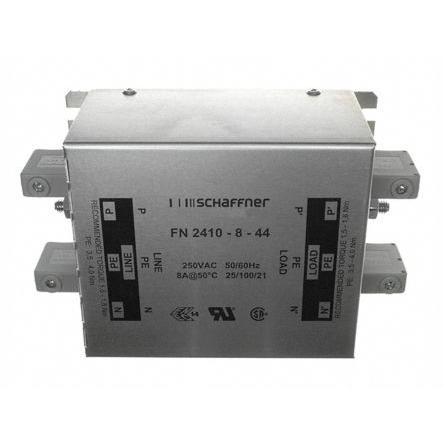 Filtr EMC, řada: FN2410, 250V ac, 400Hz, Montáž na rám, Svorkovnice, 8 A, počet fází: 1, 3.4 mA, Schaffner, 1, 2.6 W, No
