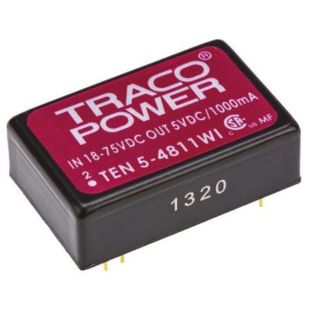 TRACOPOWER Měnič DC/DC TEN 5WI, výstup: 5V dc 1.5 kV dc, Vin 75V dc 1 A, Vin 18V 5 W -40 °C 85 °C Průchozí otvor