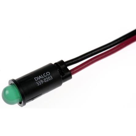 Indikátor pro montáž do panelu, řada: 559 Zelená, typ žárovky: LED Olověný drát Dialight 12V dc 6.4 mm