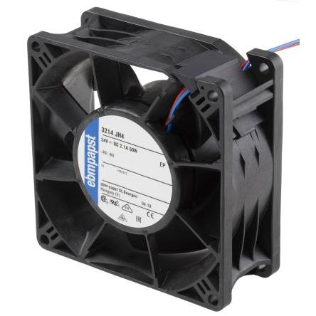 ebm-papst Axiální ventilátor, řada: 3200 J - S-Force, průtok vzduchu: 280 m³/h 50 W 24V dc IP68 92 mm 92mm 38 mm