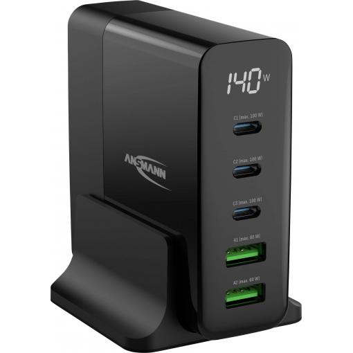Ansmann Desktop Ladegerät mit Display DC5140PD 140W USB nabíječka, 2x USB A, 3x USB-C®, 140 W, Dodávka energie, černá