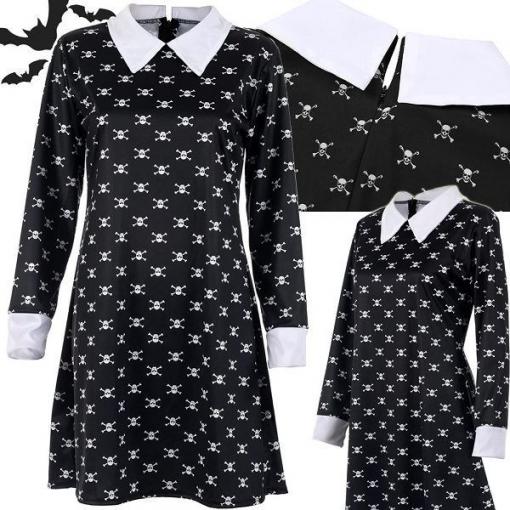 Kostým Wednesday Addams, 125 cm, černé šaty s dlouhými rukávy