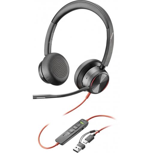 HP Poly Blackwire 8225 Headset otevřená (On Ear) kabelová stereo černá Potlačení hluku headset, regulace hlasitosti, Vypnutí zvuku mikrofonu