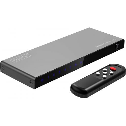 Digitus DS-55334 1 + 5 portů HDMI přepínač LED ukazatel, s dálkovým ovládáním, UHD, kovový ukazatel, lze spínat jednotlivě, se stavovými LED 7680 x 4320 Pixel