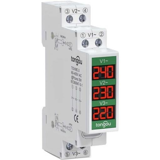 Voltmetr třífázový TOVME-3 na DIN lištu, 60–450 V AC