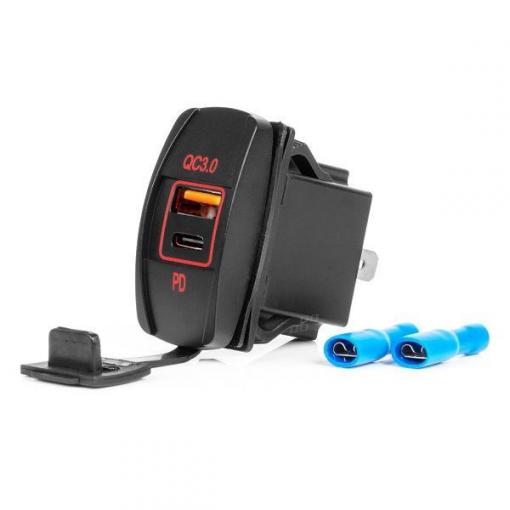 Napájecí zdířka vodotěsná Carling, USB + USB-C QC3.0, 12/24 V