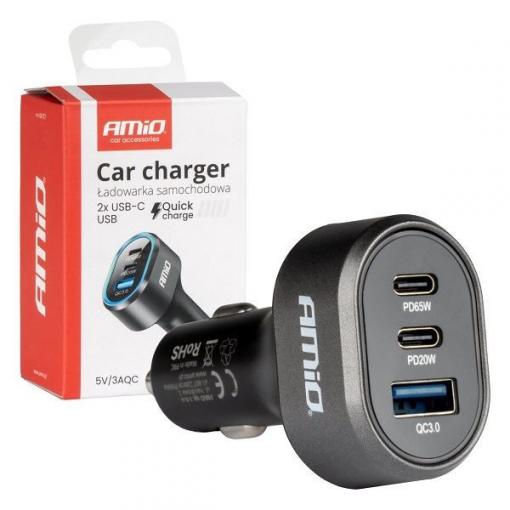 Autoadaptér AMIO 85W, QC3.0, PD65W/PD20W, 2× USB-C, 1× USB-A