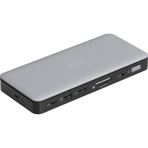 Digitus USB-C® dokovací stanice DA-70917 vč. funkce nabíjení, integrovaná čtečka karet, Podporuje rozlišení 8K při frekvenci 30 Hz (1x) / 4K při 30 Hz (2x)