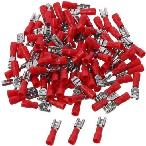 Faston-zdířka 4,8 mm červená, kabel 0,5–1,5 mm², 100 ks