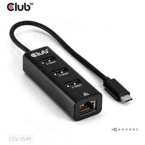 club3D USB-C® adaptér [1x USB-C® zástrčka - 4x interní USB 3.0 zásuvka 19-pólová, RJ45 zásuvka] CSV-1549 0.17 m