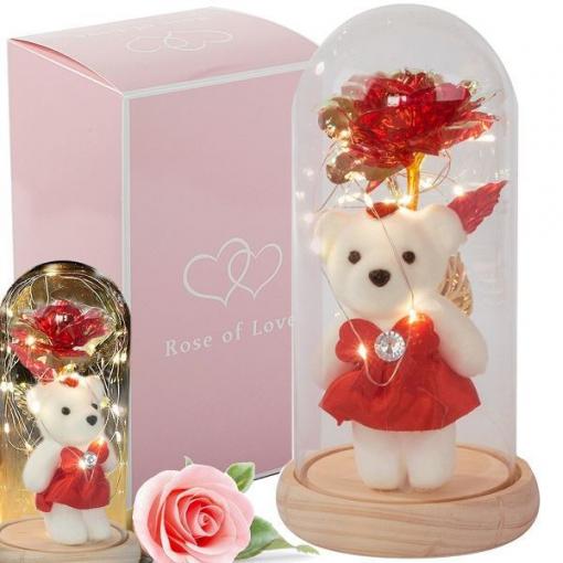 Věčná LED růže s medvídkem, teplé světlo, 21 cm