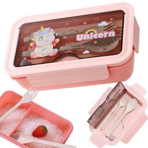 Obědový box Unicorn s přihrádkami a příbory, 1 l, růžový