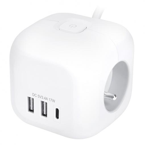 Solight 3z + USB A+C prodlužovací přívod - kostka, kabel 2m, 3 x 1mm2, bílý, vypínač   PP145C