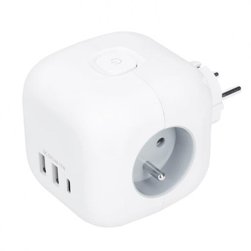 Solight rozbočka kostka, 3x 16A + USB A+C, bílá, vypínač  P110C