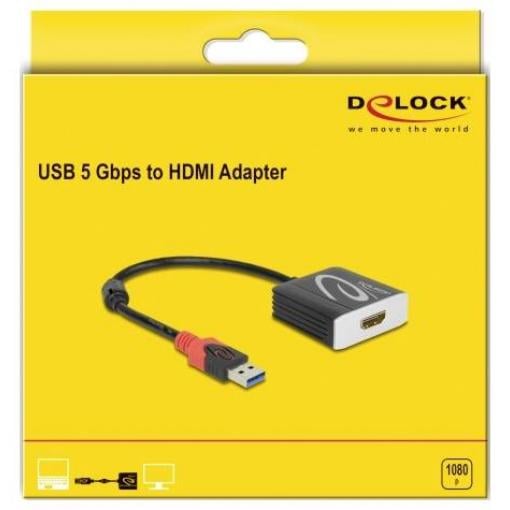 Delock 62736 USB 3.0 / HDMI kabelový adaptér [1x USB 3.2 gen. 1 zásuvka A - 1x HDMI zásuvka] černá pozlacené kontakty, s feritovým jádrem 20 cm