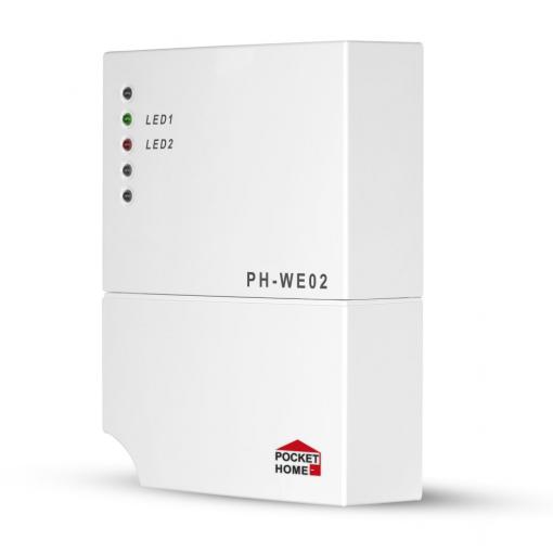 PH-WE02 bezdrátový přijímač pro spínání připojené zátěže na základě alarmu (např. otevření okna, únik vody,...) v systému PocketHome®.