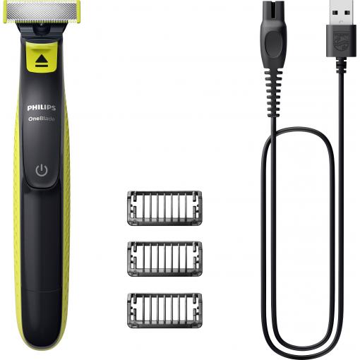 Philips OneBlade zastřihovač vousů, zastřihovač vlasů, zastřihovač ochlupení, přesný zastřihovač, holicí strojek na tvář omyvatelný, USB napájení Limetková