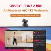 Obsbot Tiny 2 Lite PTZ 4K webkamera, 3840 x 2160 Pixel, Rychlé automatické sledování s pomocí AI, Ovládání gesty