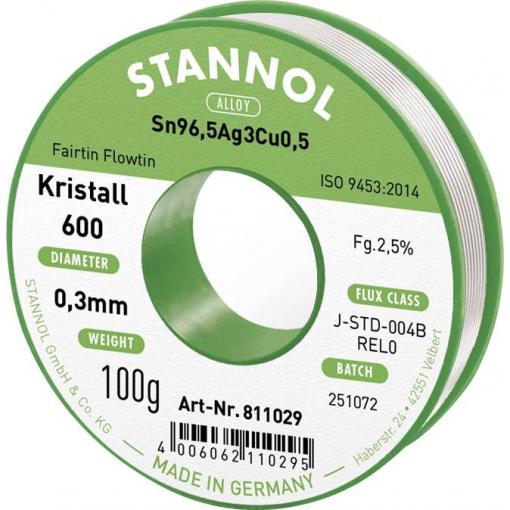 Stannol Kristall 600 bezolovnatý pájecí cín cívka Sn96,5Ag3Cu0,5 REL0 100 g 0.3 mm