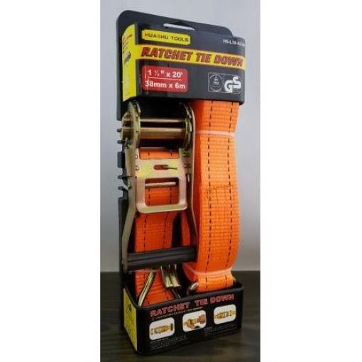 Upínací popruh 6 m, 3,8 cm, s háky a račnou