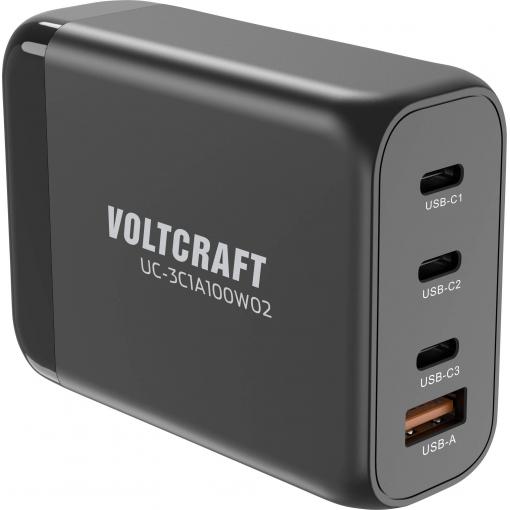 VOLTCRAFT UC-3C1A100W02 USB nabíječka, GaN, USB Power Delivery (USB-PD) , Rychlonabíječka, 3x USB-C®, 1x USB A , 100 W, Dodávka energie, černá
