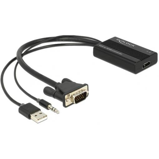 Delock 62597 HDMI / VGA / USB / jack adaptér [1x HDMI zásuvka - 1x D-SUB zástrčka 15pólová, USB-A konektor, jack zástrčka 3,5 mm] černá 0.25 m