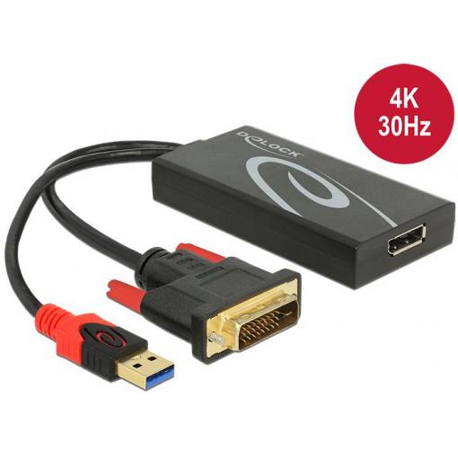 Delock 62596 DisplayPort / DVI / USB adaptér [1x DVI zástrčka 24+1pólová, USB-A konektor - 1x zásuvka DisplayPort] černá 0.30 m